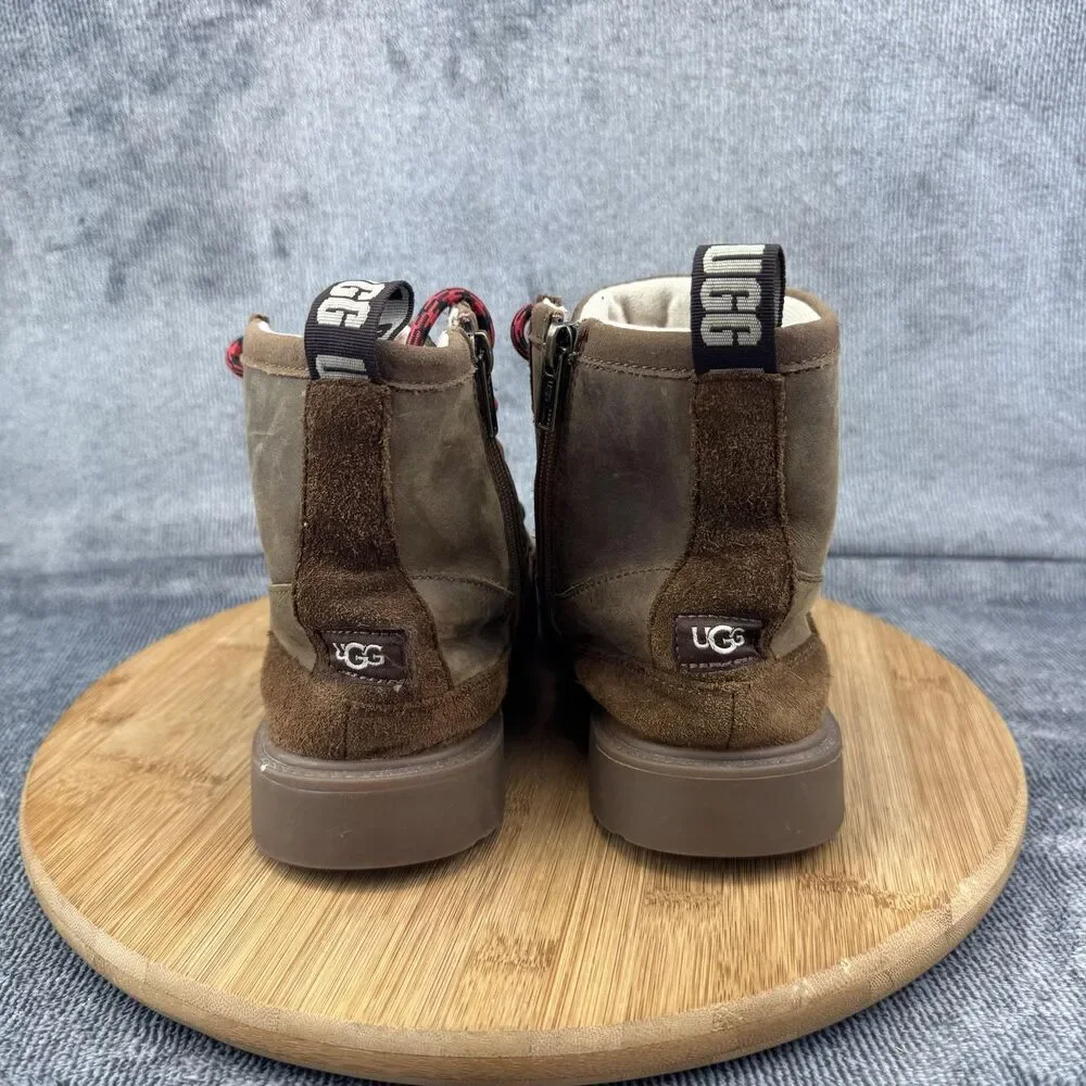 UGG Boots Youth Size 4 Brown Leather Suede Lace Up Side Zip Shearling Lined